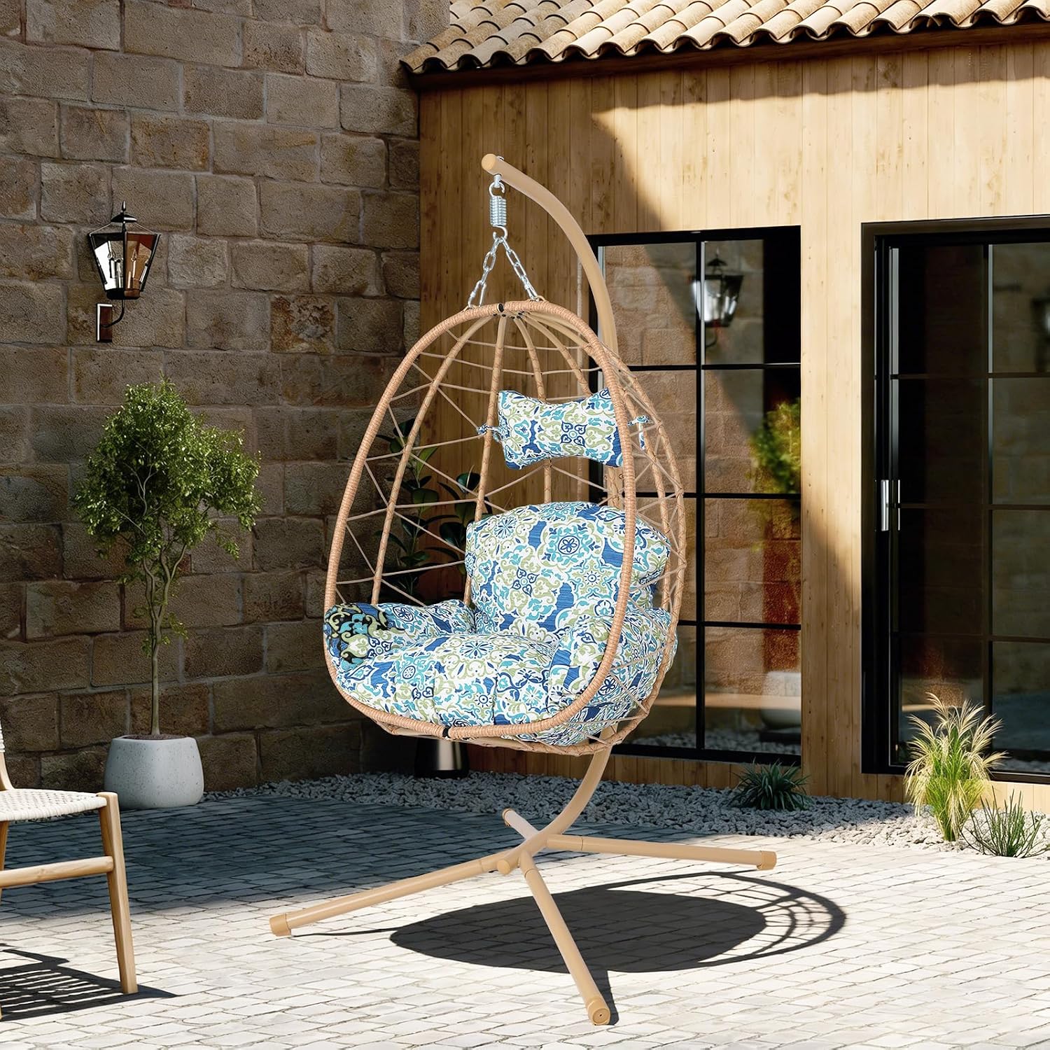 Egg Chair with Stand, Wicker Hanging Chair for Outdoor Patio, Cushioned Hammock Swing for Bedroom Garden Indoor/Outdoor, Double-Zipper Structure Hanging Egg Chair (Yellow and Moroccan)