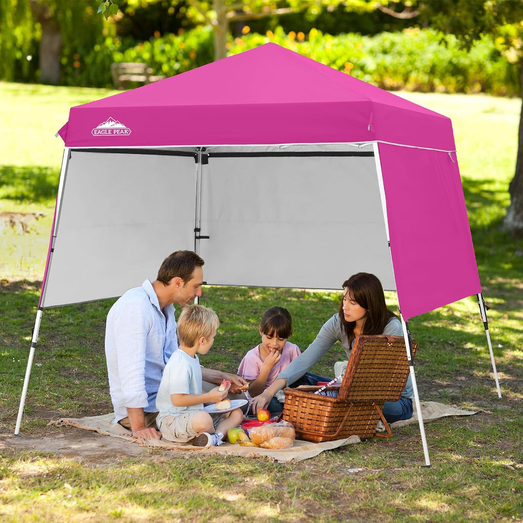 EAGLE PEAK Day Tripper 8x8 Aluminum Super-Lightweight Slant Leg Pop Up Canopy with 3 Removable Walls, Instant Outdoor Backpack Canopy Tent, Outside Beach Folding Sun Shelter, 8x8 Base 6x6 Top, Pink
