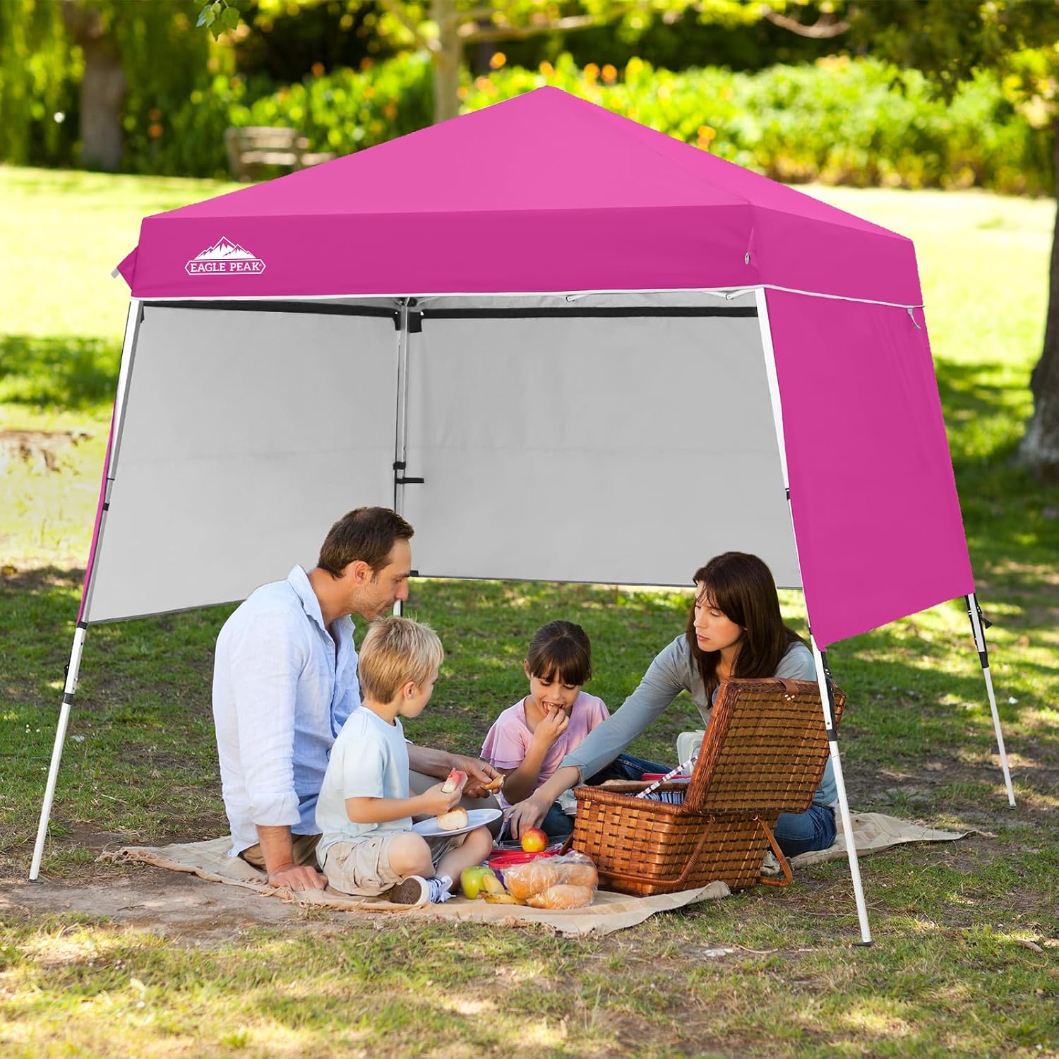 EAGLE PEAK Day Tripper 8x8 Aluminum Super-Lightweight Slant Leg Pop Up Canopy with 3 Removable Walls, Instant Outdoor Backpack Canopy Tent, Outside Beach Folding Sun Shelter, 8x8 Base 6x6 Top, Pink