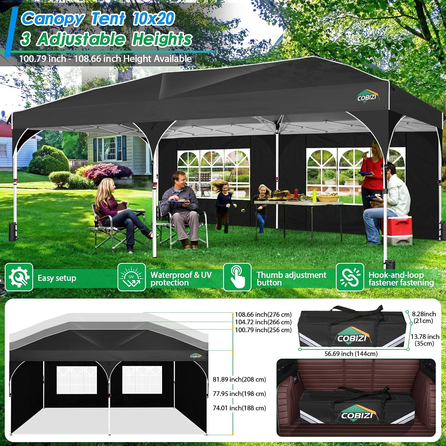 COBIZI 10x20 Pop up Canopy Tent with 4 Sidewalls Outdoor Canopy Tent for Party with Push Center Lock & Air Vent, 2000mm+Waterproof Gazebo Canopy UPF 50+with 4 Sandbags,12 Stakes & 6 Ropes,Black