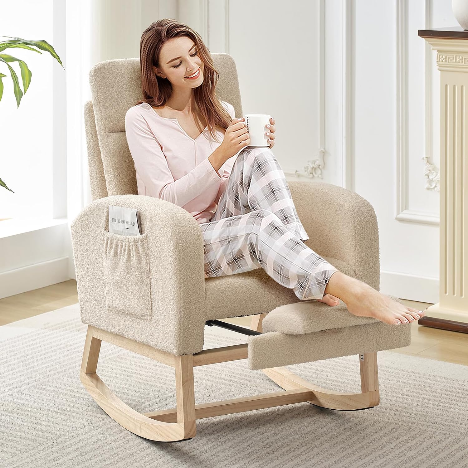 Rocking Chair Nursery, Modern Upholstered Glider Rocker with Side Pocket, High Backrest Padded Seat Accent Armchair for Living Room, Nursery, Bedroom (Off-White)