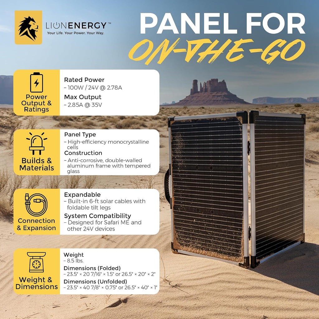 Lion Energy 100 Watt 24V Portable Solar Panel, Foldable Charger for RV, Camping, Generators, and Off-Grid Outdoor Power Needs