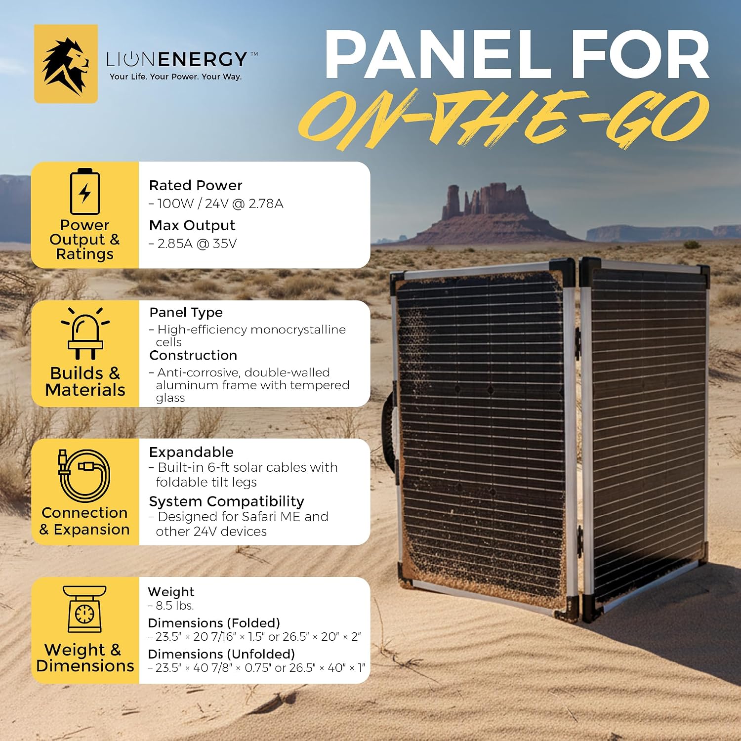 Lion Energy 100 Watt 24V Portable Solar Panel, Foldable Charger for RV, Camping, Generators, and Off-Grid Outdoor Power Needs