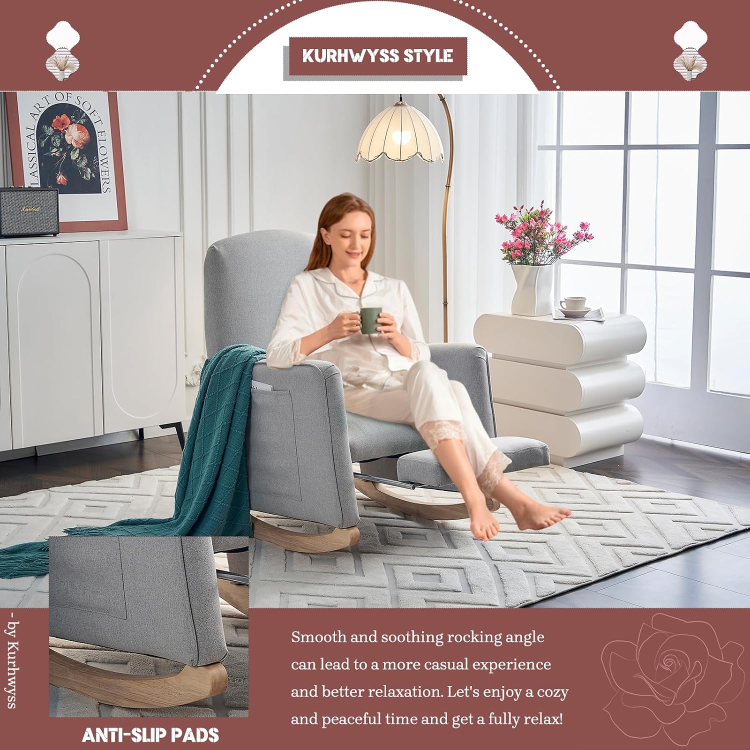 Modern Rocking Chair Nursery, Comfy Glider Nursery Chair with Foot Rest, Upholstered Rocker with Pocket, Accent Reading Armchair with Solid Wood Base for Living Room, Bedroom, Lounge Room (Light Gray)