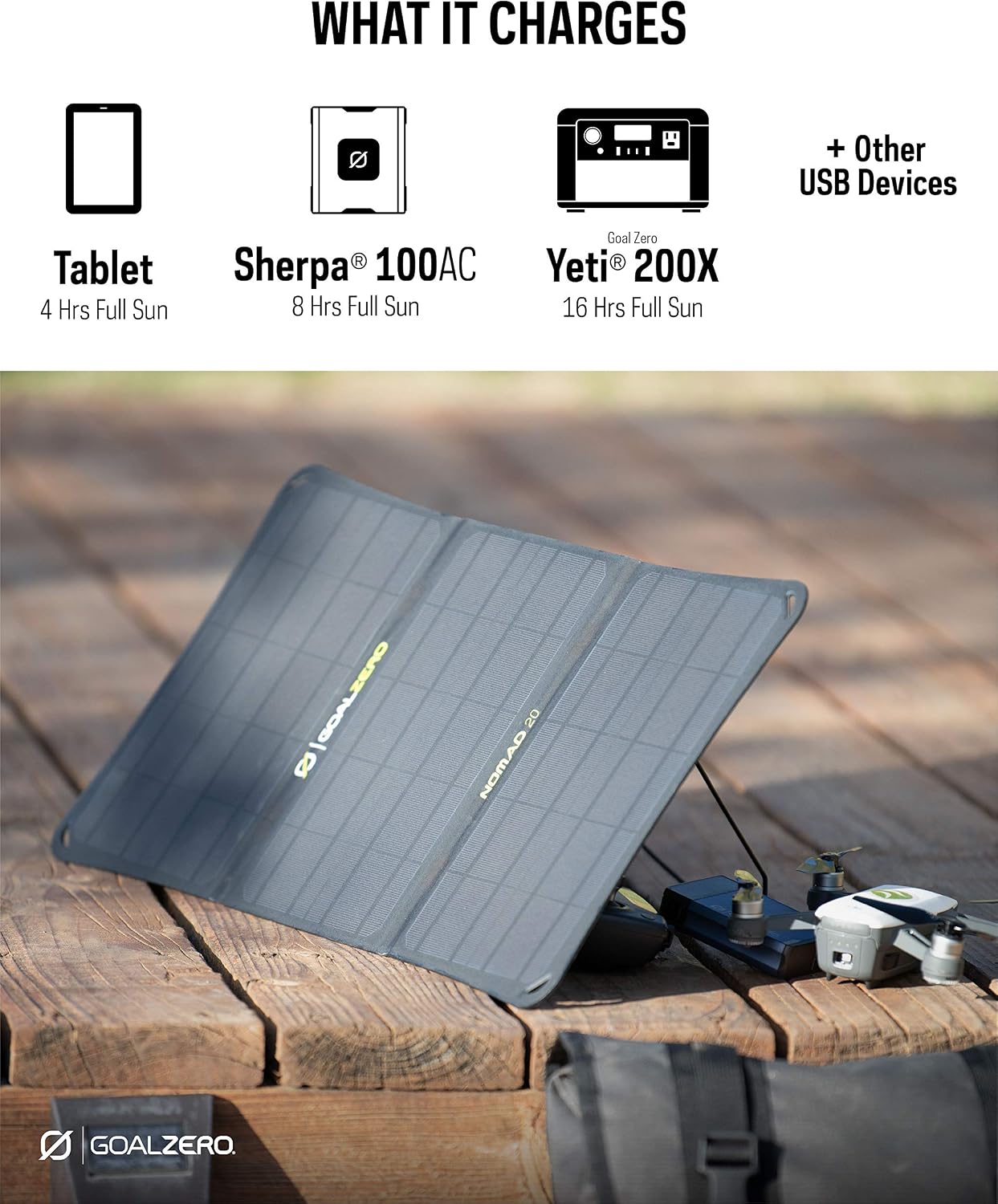 Goal Zero Nomad 20, Foldable Monocrystalline 20 Watt Solar Panel with 8mm + USB Port, Portable Solar Panel Charger. Lightweight 18-22V 20W Solar Panel Charger with Adjustable Kickstand