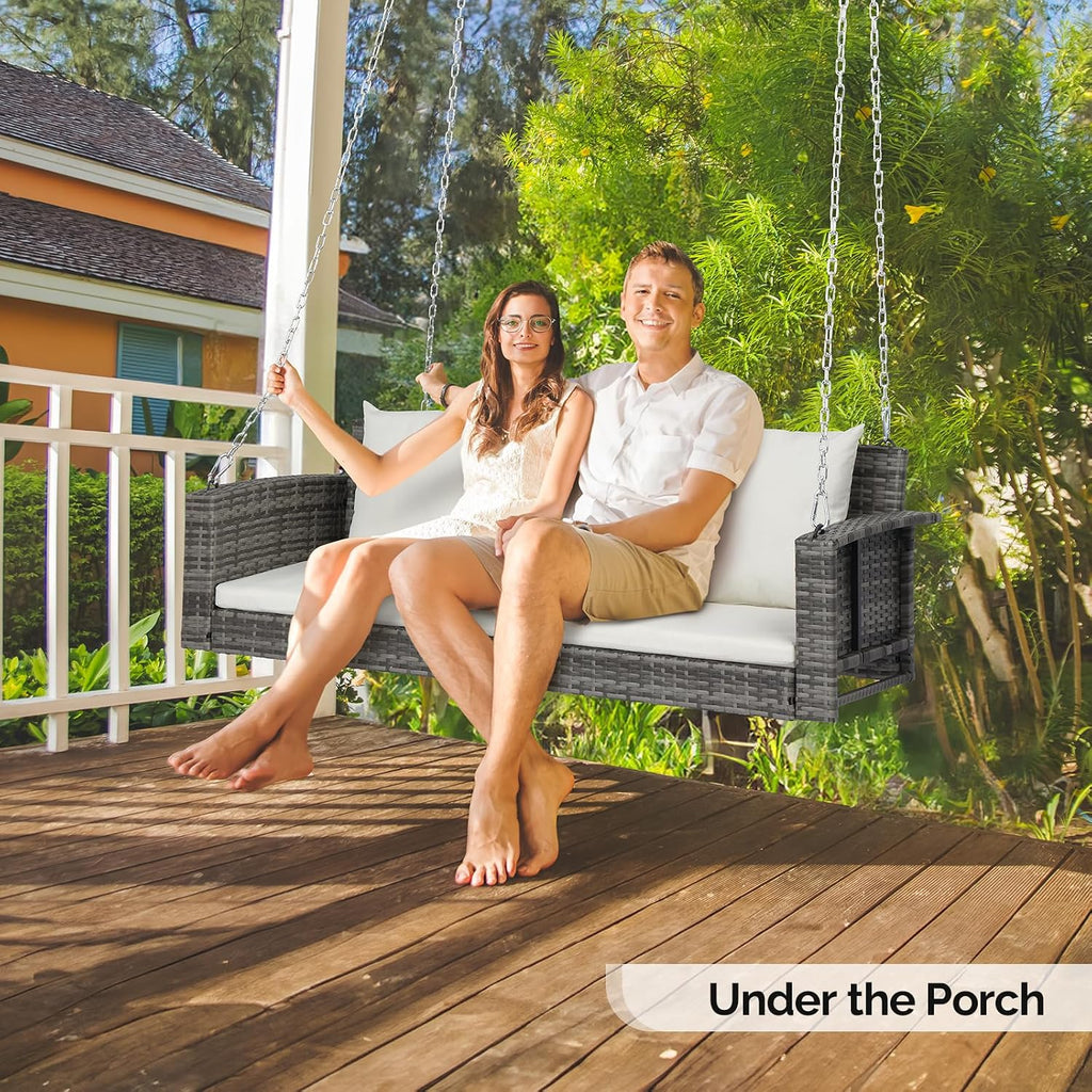 VINGLI Heavy Duty 800 LBS Wicker Hanging Porch Swing with Cushions & Chains, 5FT Outdoor Rattan Swing Bench for Garden, Yard, Lawn (Grey)