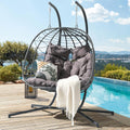 Patiorama 2 Person Double Egg Swing Chair with Stand Indoor Outdoor, Patio Wicker Rattan Hanging Egg Chair w/Cushion, Pillow, Foldable Hammock Chair 550lbs for Bedroom, Balcony, Garden (Dark Grey)