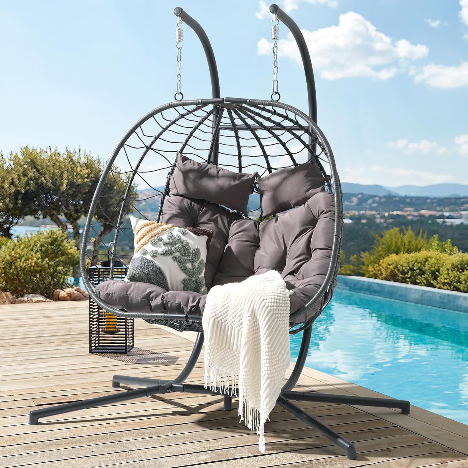 Patiorama 2 Person Double Egg Swing Chair with Stand Indoor Outdoor, Patio Wicker Rattan Hanging Egg Chair w/Cushion, Pillow, Foldable Hammock Chair 550lbs for Bedroom, Balcony, Garden (Dark Grey)