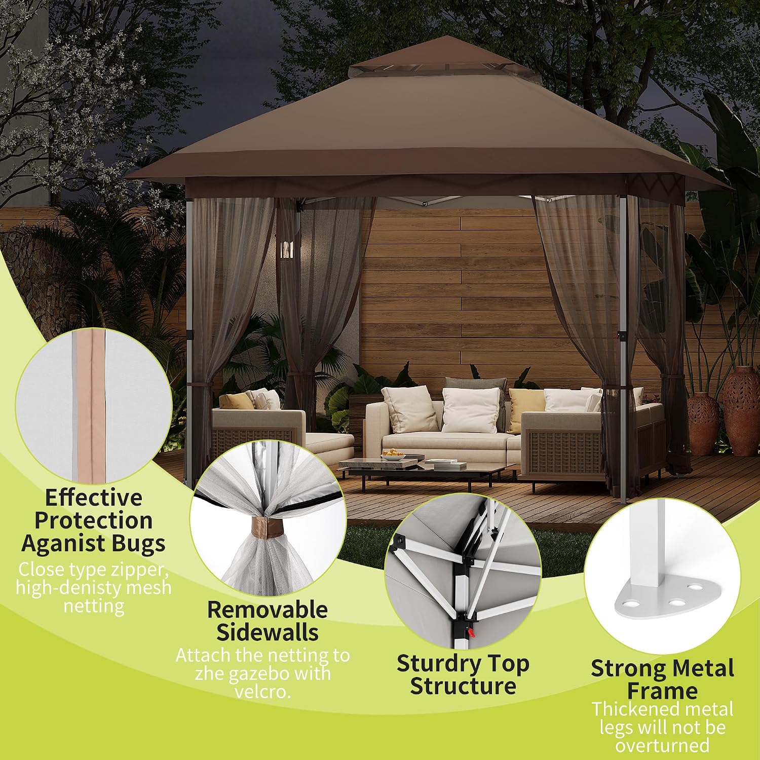 Pop Up Gazebo, 10x10 Outdoor Canopy Tent with Mosquito Netting, Pop Up Canopy Tent with Curtains/Adjustable Height/Wheeled Carrying Bag for Patio Garden Backyard Lawn