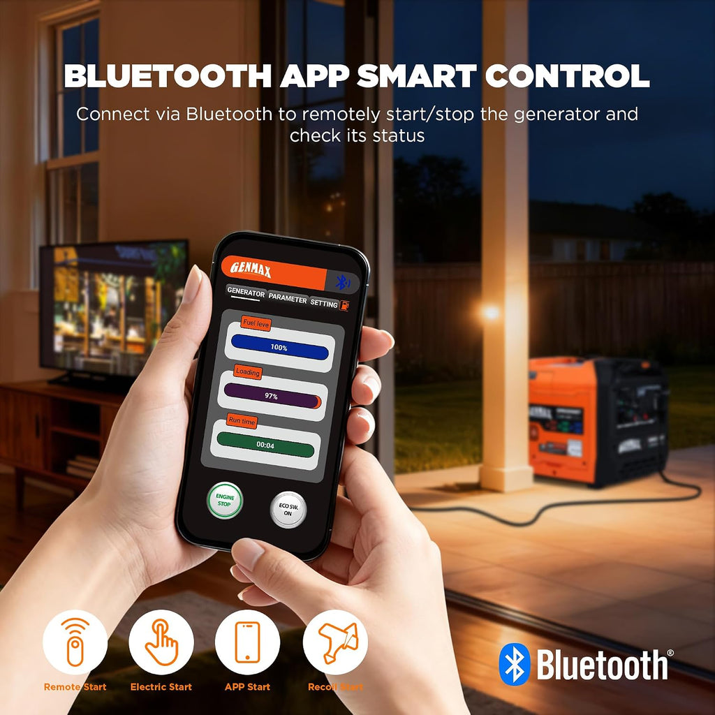 GENMAX 6250w Tri-Fuel Silent Inverter Generator(2026Model)Features 2-Wire Auto Start/Stop,bluetooth APP Control,CO Sensor,Digital Display&50A Outlet-Ideal for Home Backup&Camping Outdoor,EPA Compliant