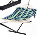 SUNCREAT Hammocks Double Cotton Rope Hammock with Polyester Pad, Heavy Duty Hammock with Steel Stand, Blue&Green