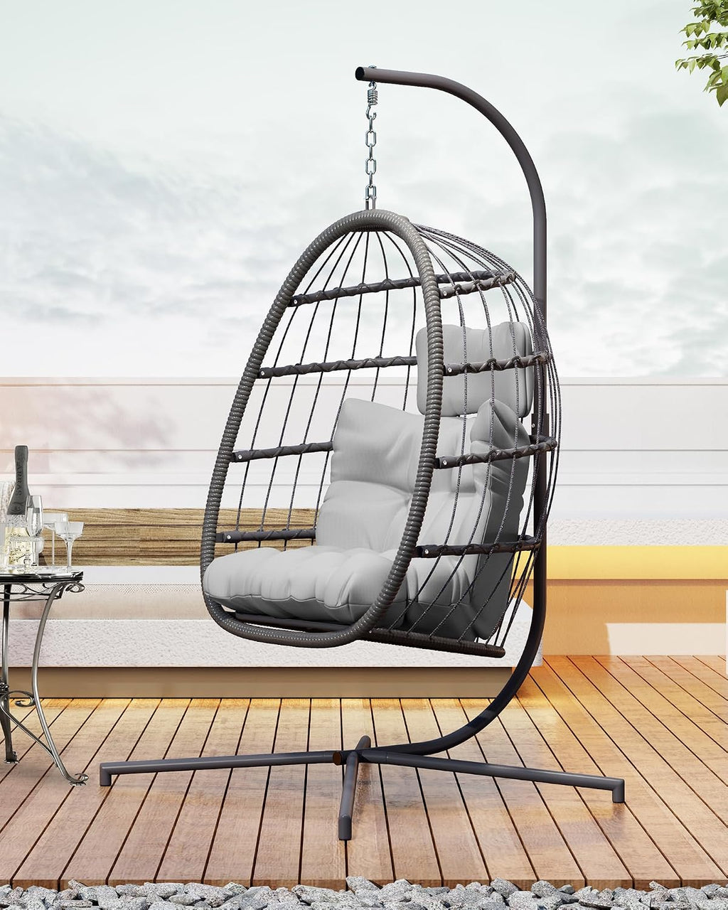 HWB Hanging Egg Chair with Stand, Swing Hammock Chair with Cushion for Indoor Outdoor, Patio Wicker Egg Swing Chair for Balcony Furniture, Light Gray