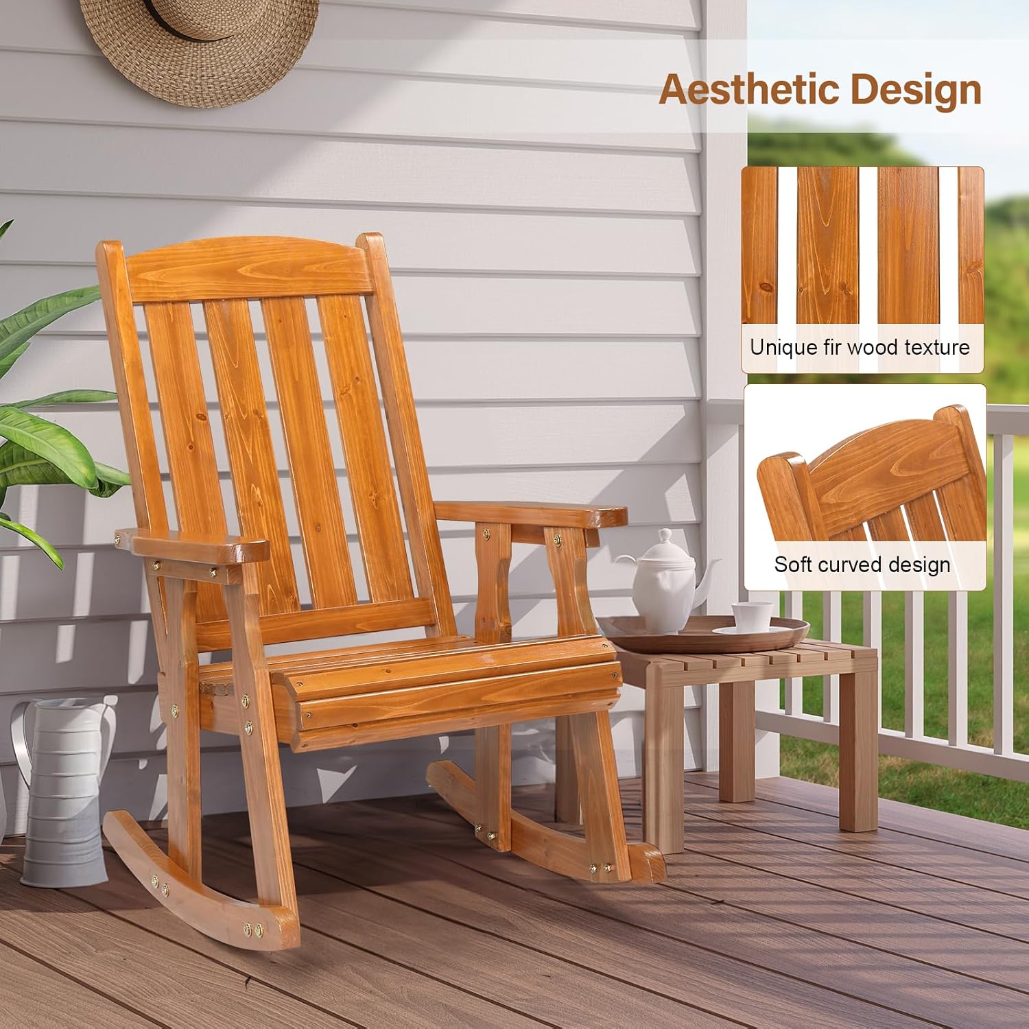 VINGLI Outdoor Rocking Chair, Heavy Duty 600 LBS Wooden Rocking Bench with Comfortable Backrest, Weatherproof Patio Rocker with Ergonomic Design, Wood Rocking Chair for Patio, Garden (Teak, 2 PCS)