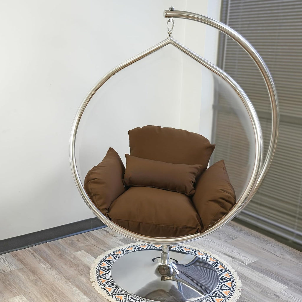 Hanging Chair - Transparent Acrylic Bubble, Waterdrop Shape, Indoor Swing Chair with Gold/Chrome Stand, Durable Fabric Cushion - Luxury Accent for Living Room, Bedroom (Chrome/LightCoffee)