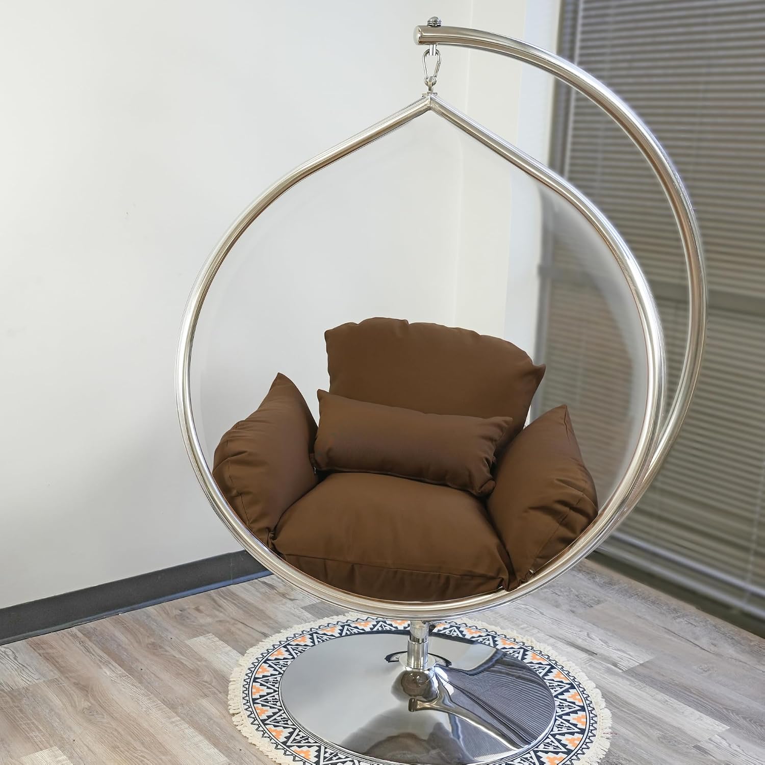 Hanging Chair - Transparent Acrylic Bubble, Waterdrop Shape, Indoor Swing Chair with Gold/Chrome Stand, Durable Fabric Cushion - Luxury Accent for Living Room, Bedroom (Chrome/LightCoffee)