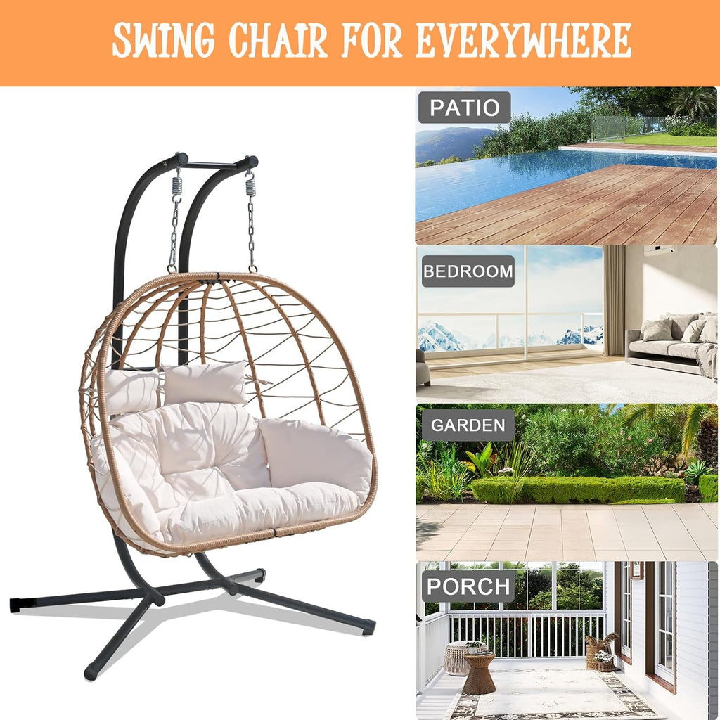 Double Hammock Egg Chair 2 Person Egg Chair Indoor Outdoor Swing with Stand Patio Wicker Hanging Chair Widened and Enlarged for Balcony Bedroom Porch Adults Kids