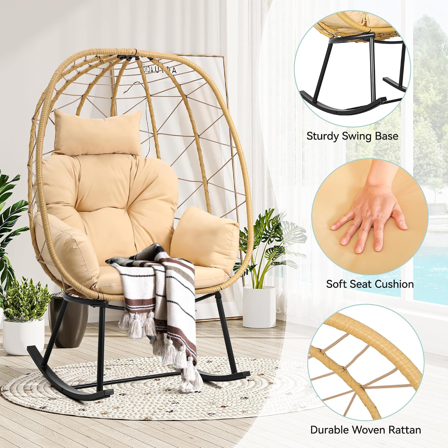YITAHOME Wicker Rocking Egg Chair, Outdoor Patio Rocking Chair with Cushioned Comfort, 330lb Capacity, Anti-Slip, All-Weather Resilient Egg Lounger Chair for Indoor & Outdoor Relaxation Spaces, Beige