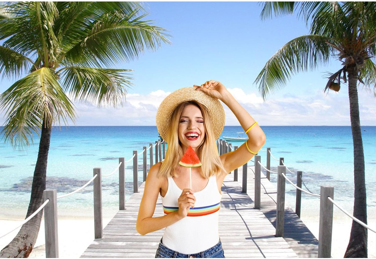 20x10ft Tropical Seaside Backdrop Summer Holiday Coconut Trees Wooden Pier Gazebo Photography Background Wedding Ceremony Honeymoon Birthday Party Summer Party Children Adults Portrait