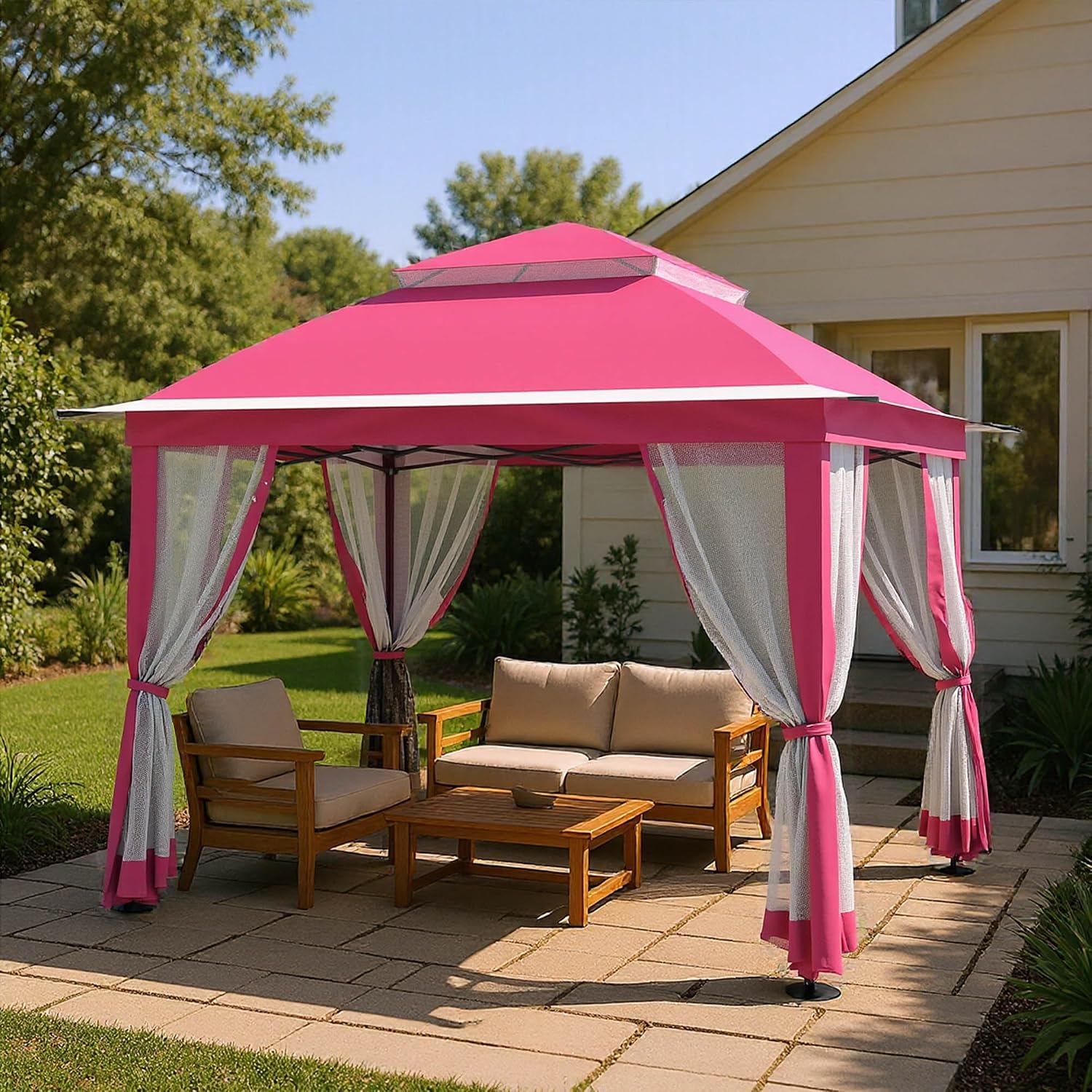 Pop Up Gazebo 11x11, Outdoor Instant Canopy Shelter Tent with Mosquito Netting Metal Frame Storage Bag for Patio Garden Backyard.(Pink)