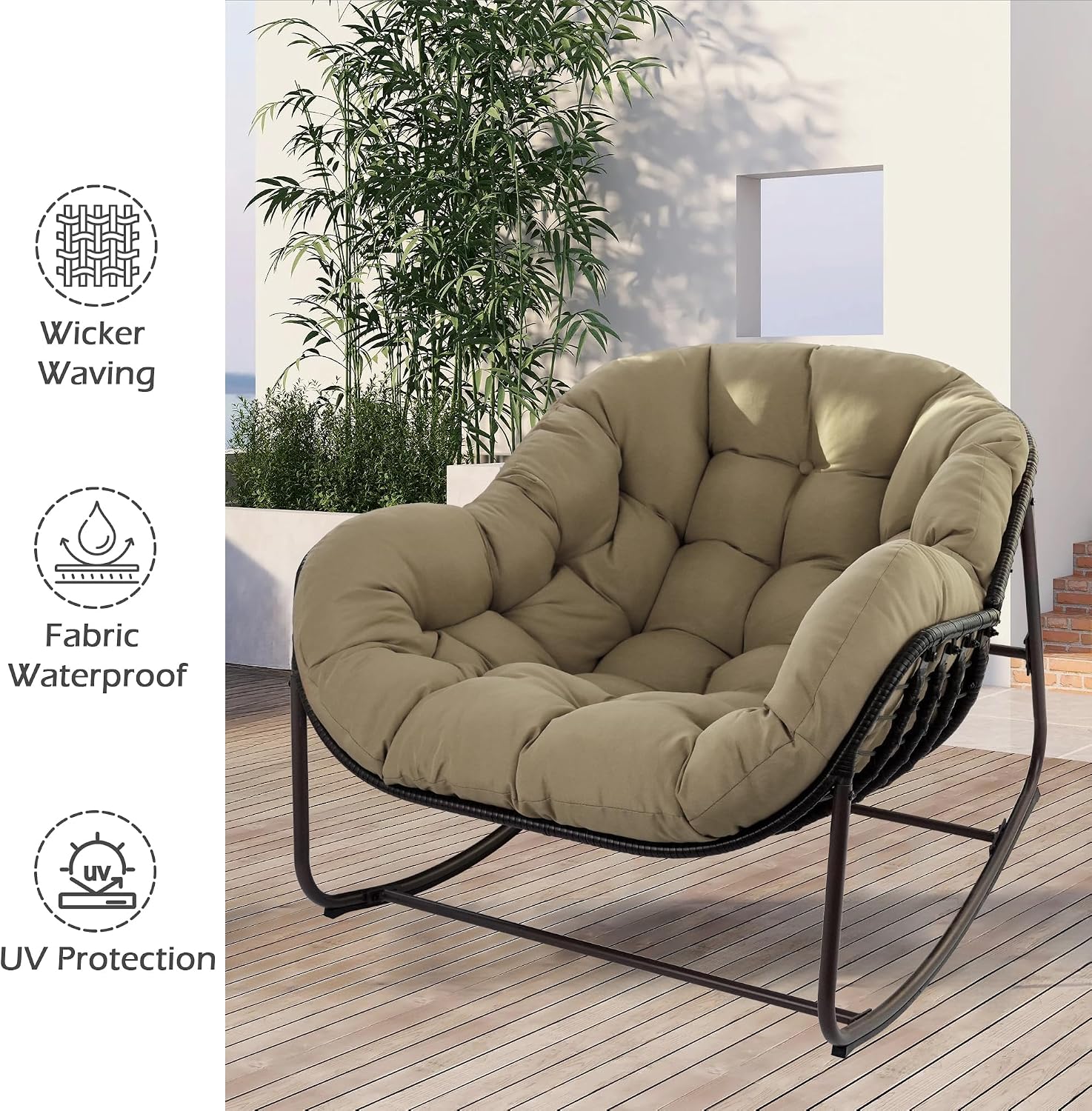 Papasan Rocking Chair, Oversized Papasan Chair with Cushion and Frame for Indoor& Outdoor, Deep Seat Egg-Shaped Rocker Chair for Garden, Deck, Living Room, Beige