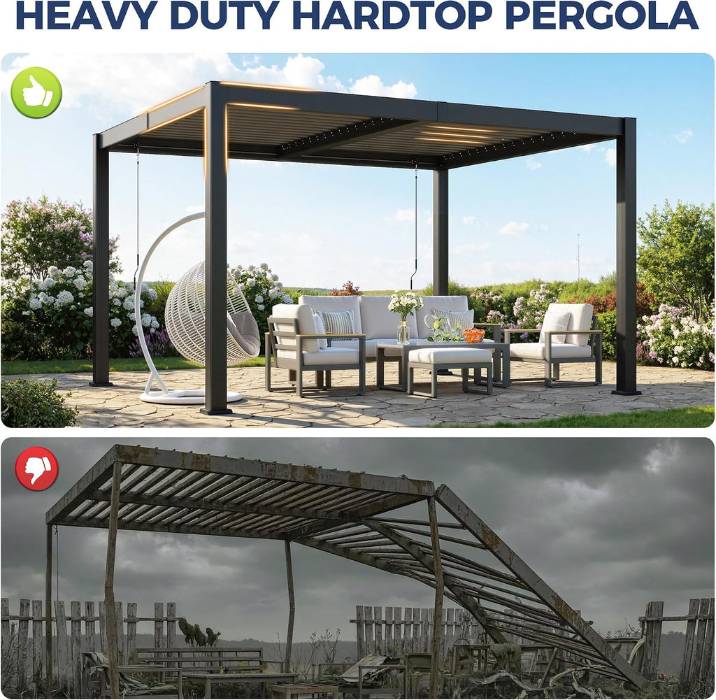 Louvered Pergola 10'x12', Full Metal Outdoor Pergola with Adjustable Proof and Gutter System, Metal Hardtop Gazebo for Patio, Deck, Garden, Yard, Dark Gray