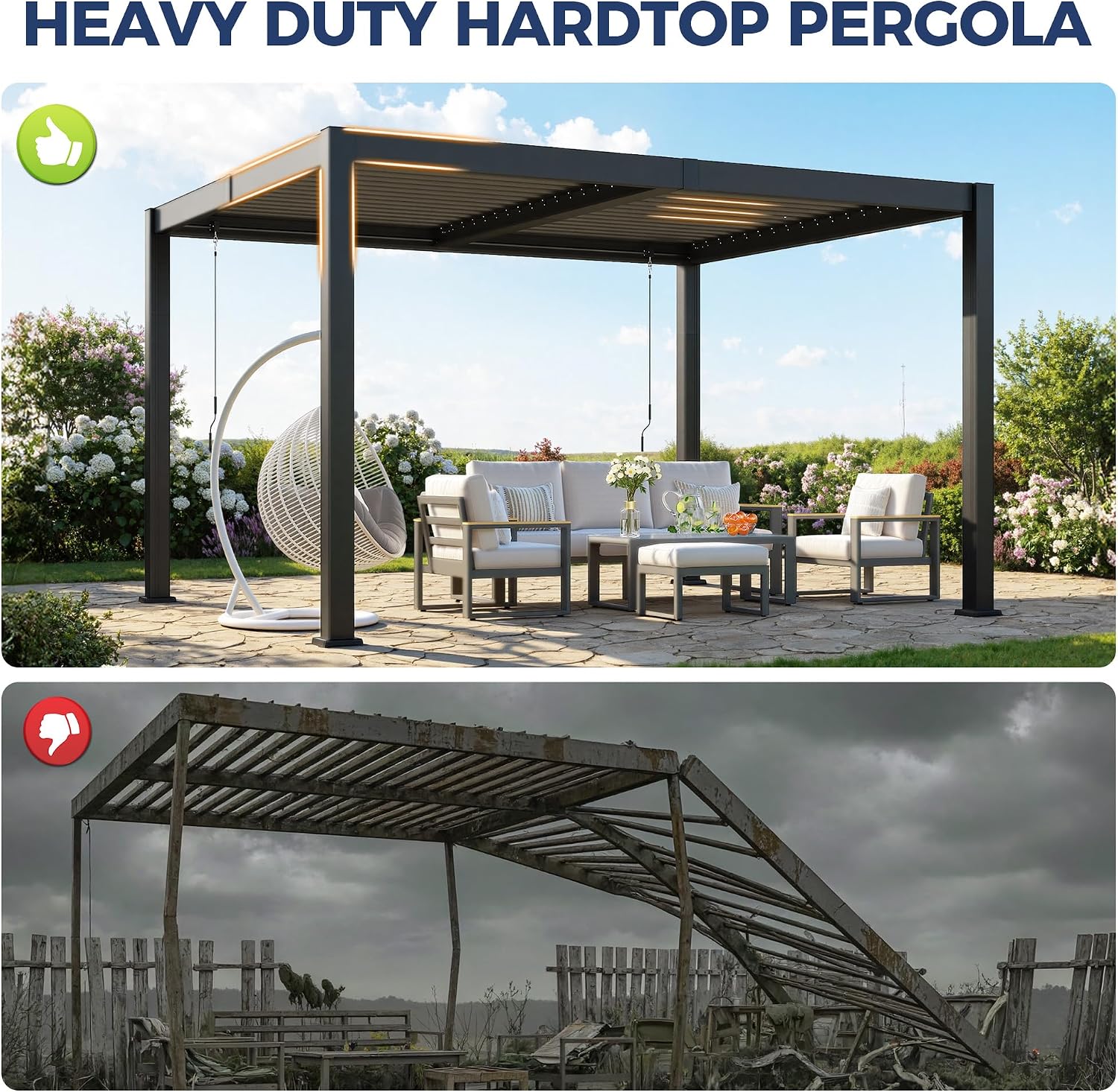 Louvered Pergola 10'x12', Full Metal Outdoor Pergola with Adjustable Proof and Gutter System, Metal Hardtop Gazebo for Patio, Deck, Garden, Yard, Dark Gray