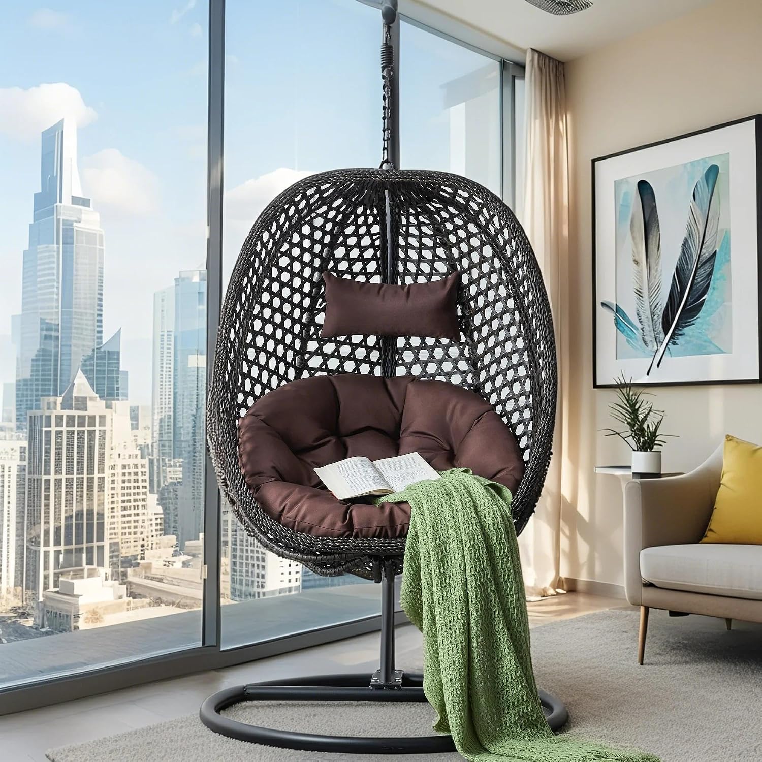 Egg Swing Chair with Stand Outdoor Indoor, Hanging Egg Chair with Cushions and Pillow,300lbs Capacity for Porch, Patio, Bedroom, Balcony, Black