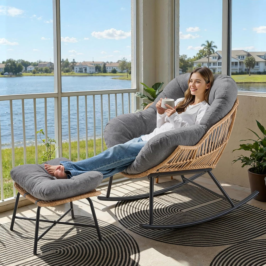 ONBRILL Papasan Rocking Chair with Ottoman,Oversized Papasan Chair with Padded Cushion, Indoor & Outdoor Rocker Chair for Living Room, Patio, Garden, Gray