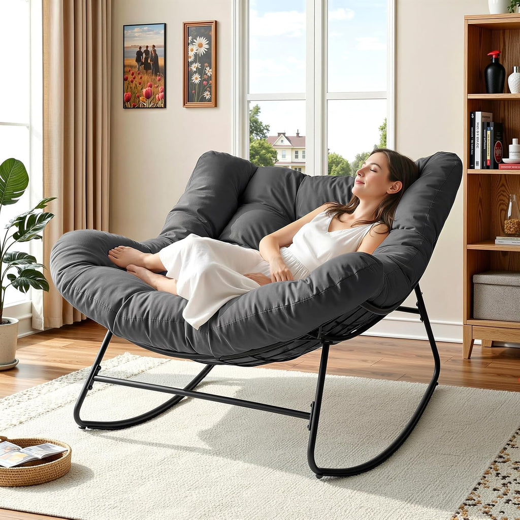 Papasan Rocking Chair Indoor, Oversized Rocking Chair with Thickened Cushion, 450 lbs Comfy Egg Chair Indoor, Lounge Reading Glider Chair for Bedroom, Dark Gray