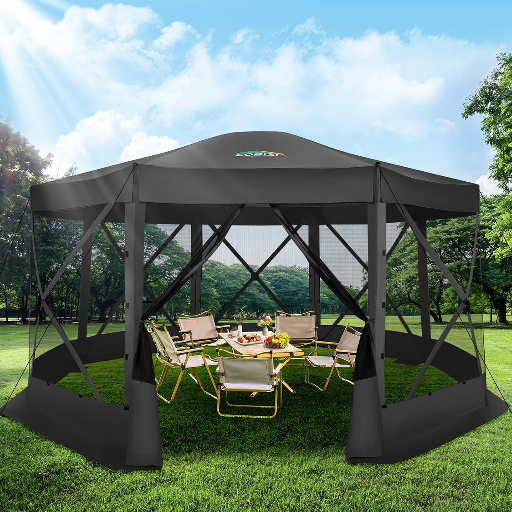 COBIZI Pop Up Gazebo Screen Tent Screen House for Camping, 15x15 Screen Room with Mosquito Netting, Hub Tent Instant Screened Canopy with Carrying Bag and Ground Stakes, Black