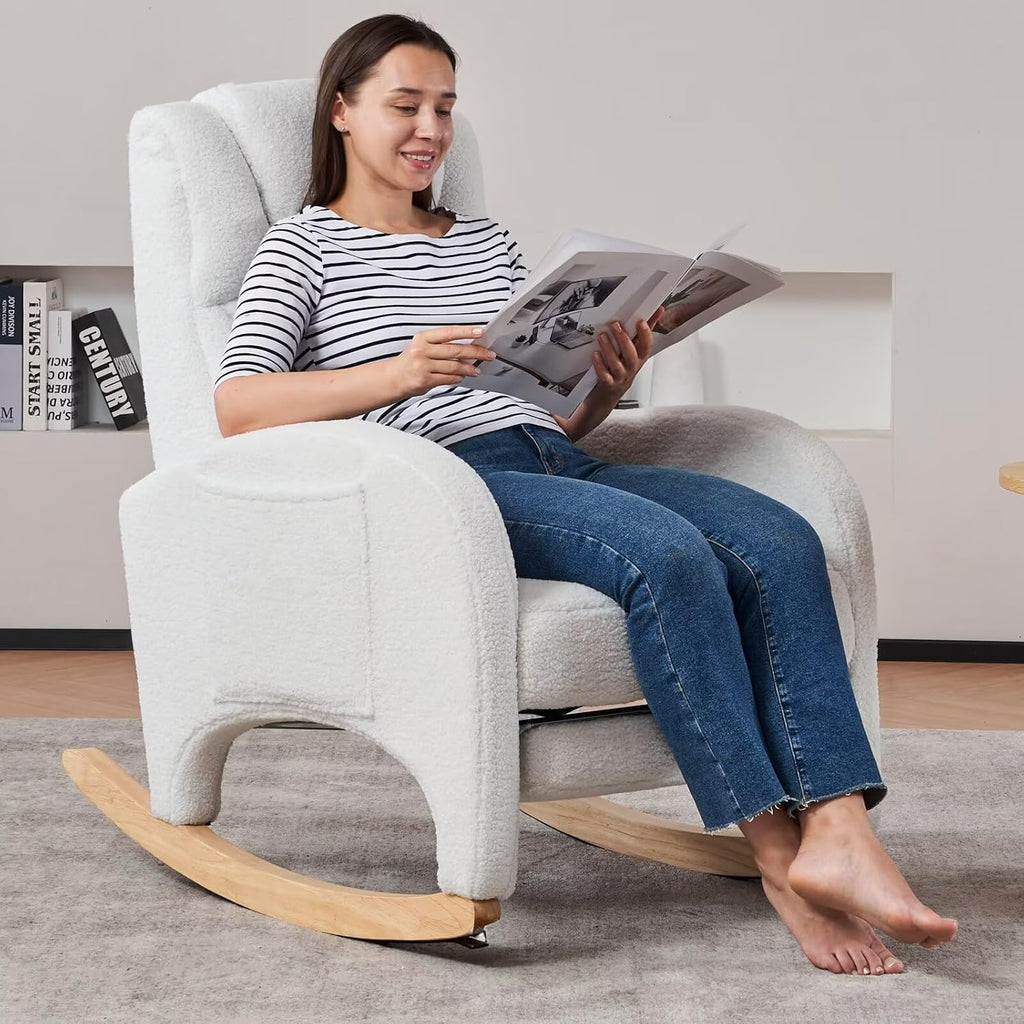 FOXHUNTER Rocking Chair Nursery, Modern Glider Chair with Adjustable Footrest and Solid Wood Legs, High Backrest Nursery Chair with Side Pocket, Rocker Armchair for Living Room Bedroom, Teddy Ivory