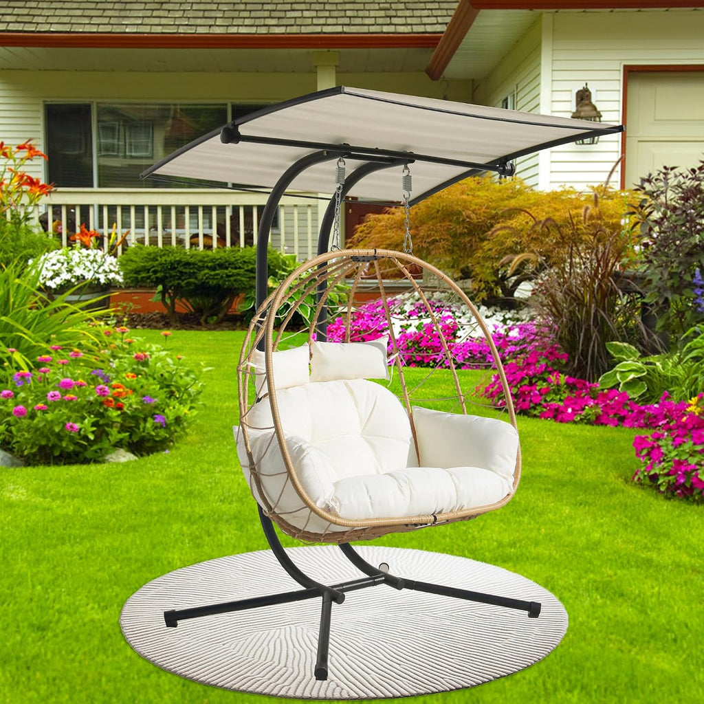 Double Egg Chair with Stand/Adjustable Canopy Patio Love Seats Hammock Chair Hanging Swing Wicker Rattan Basket for Outdoor Balcony Garden (Yellow+White)