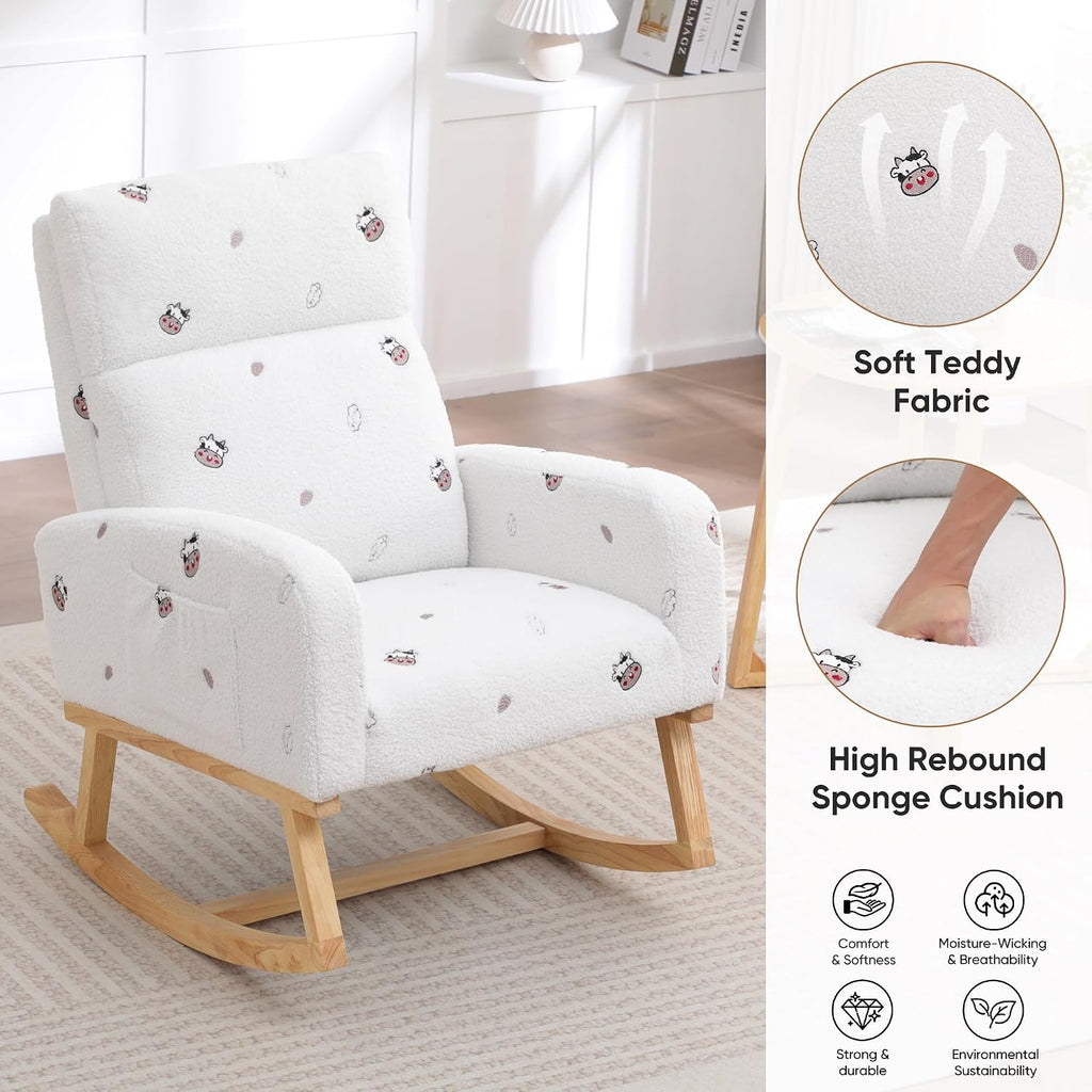 HCHAIRH Rocking Chair Nursery, Sherpa Nursing Rocking Chairs, Upholstered Nursery Glider Rocker for Mom Nursery Morden Rocking Chair with Side Pocket for Living Room,Bedroom,Teddy White Cow Printed