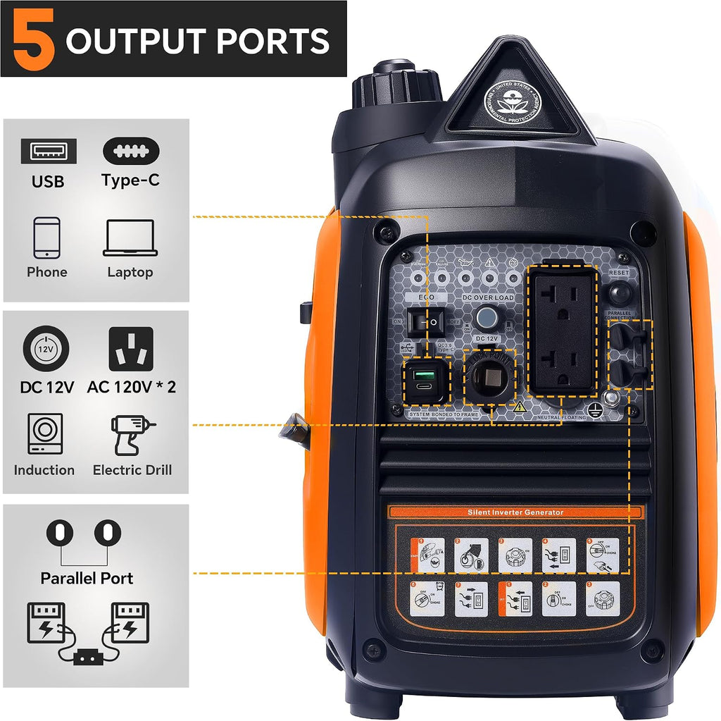2500 Watt Portable Inverter Generator, Ultra-Quiet Long Runtime Gas Generator with CO-Sensor Fuel Off, Parallel function, for Camping, Tailgating, Home Emergency Use, EPA Compliant (Orange)