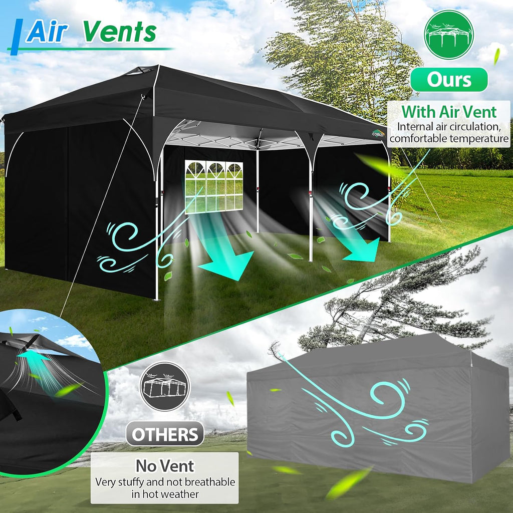 COBIZI 10x20 Pop up Canopy Tent with 4 Sidewalls Outdoor Canopy Tent for Party with Push Center Lock & Air Vent, 2000mm+Waterproof Gazebo Canopy UPF 50+with 4 Sandbags,12 Stakes & 6 Ropes,Black