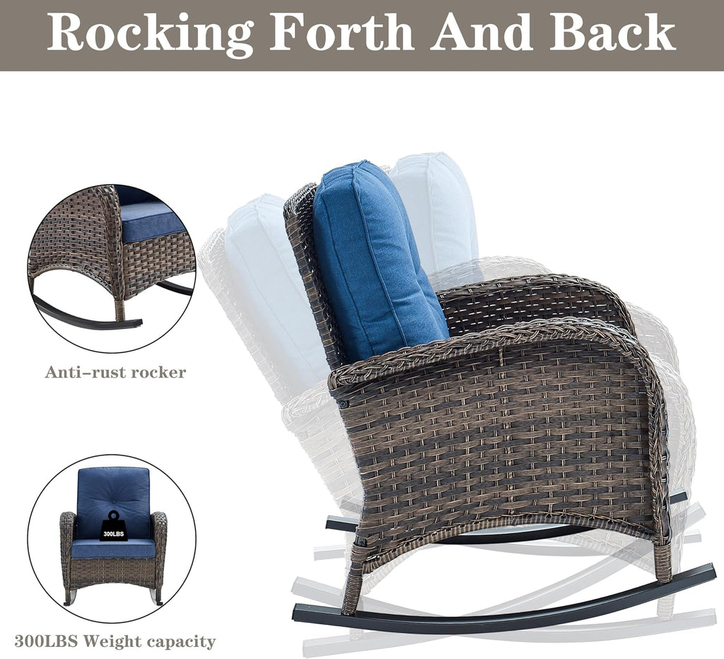 Belord Patio Rocking Chairs Furniture Set - 5 Piece Outdoor Wicker Furniture Sets with Ottomans, Small Patio Conversation Sets with Wicker Rocking Chairs Brown/Blue