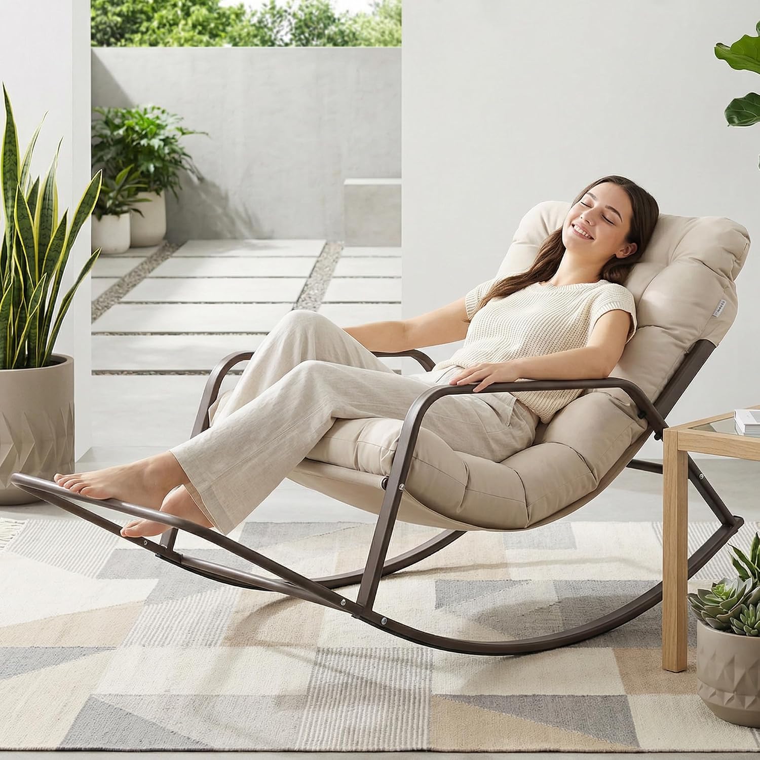 BULEXYARD Beige Oversized Indoor Outdoor Lounge Royal Rocking Chair with Armrest Footrest for Napping Relaxing, Heavy Duty Patio Reclining Papasan Rocker Chair with Padded Cushion for Porch, Sunroom
