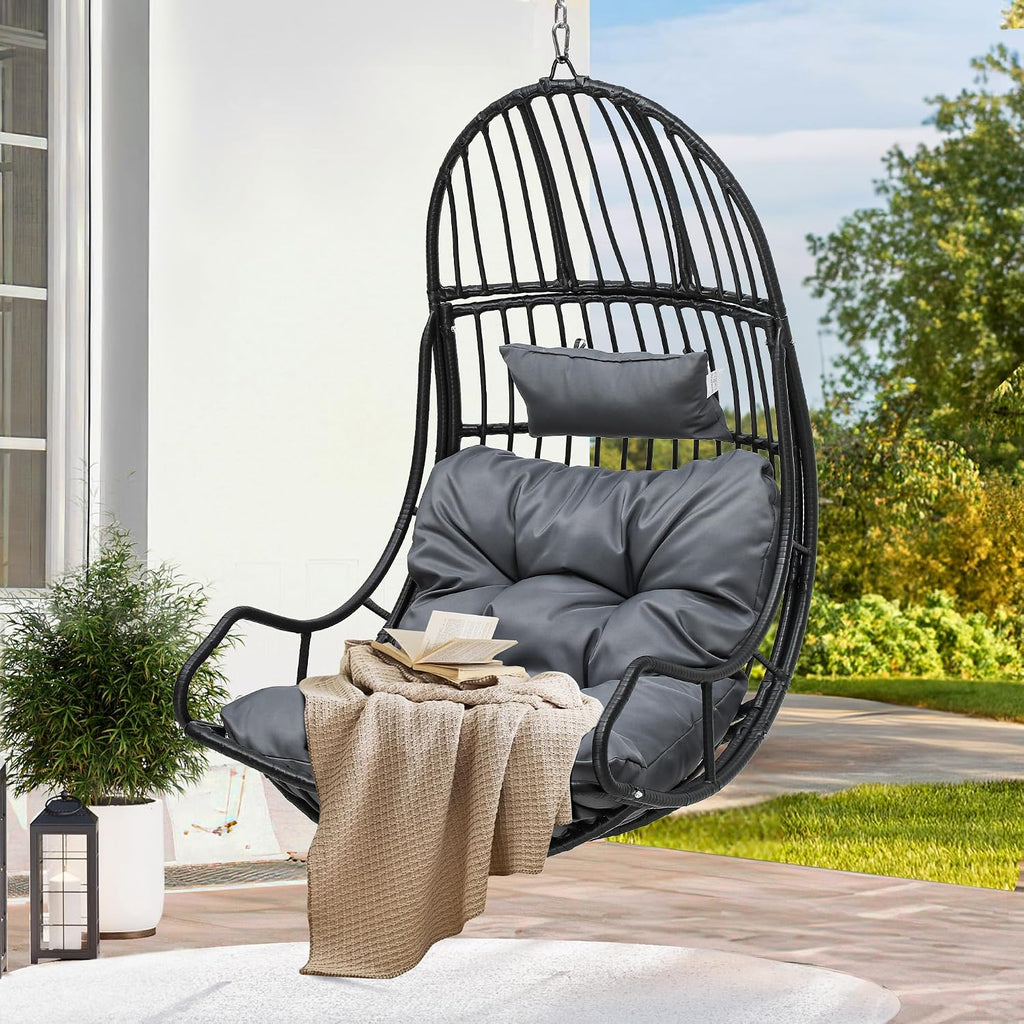 YITAHOME Hanging Egg Chair Swing Egg Chair Wicker Indoor Outdoor Hammock Egg Chair with Cushions 330lbs for Patio, Bedroom, Garden and Balcony, Gray (Stand not Included)
