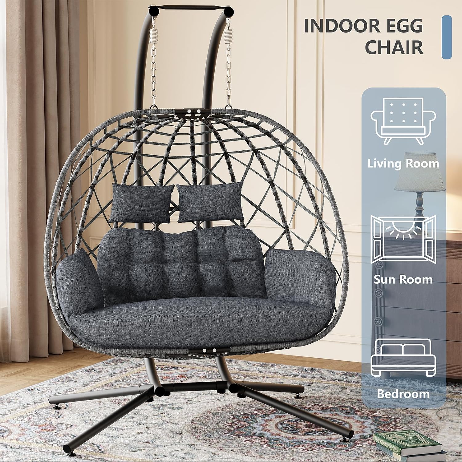 SWITTE Double Egg Swing Chair with Stand, 2 Person Outdoor Indoor Hammock Hanging Chair with Cushion for Patio Living Room 650 LBS Capacity-Dark Grey