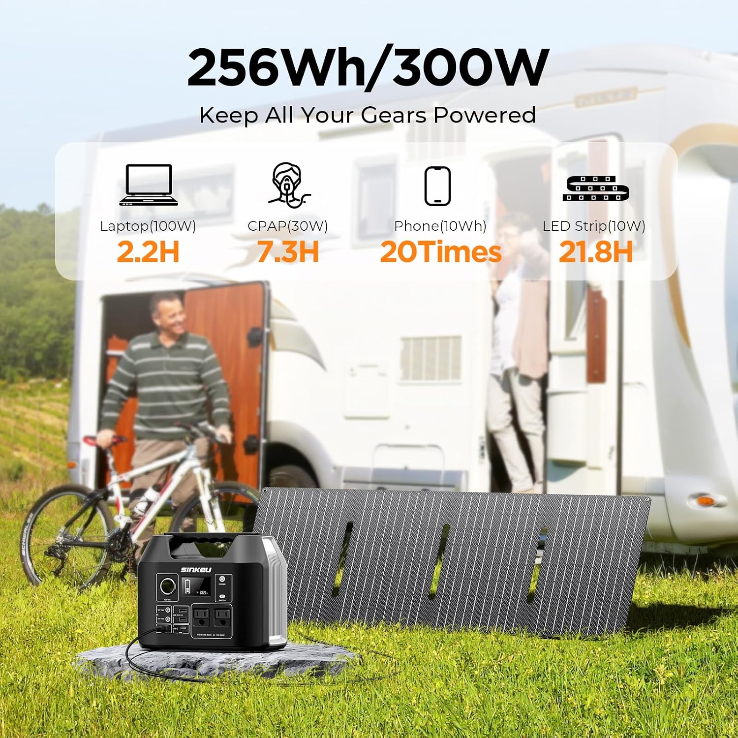 SinKeu Solar Generator with Panels Included - 300W Portable Power Station with 40W Solar Panel,256Wh (80000mAh) LiFePO4 Battery with USB DC AC Outlets for Home, Laptop, RV, Hurricane, Camping