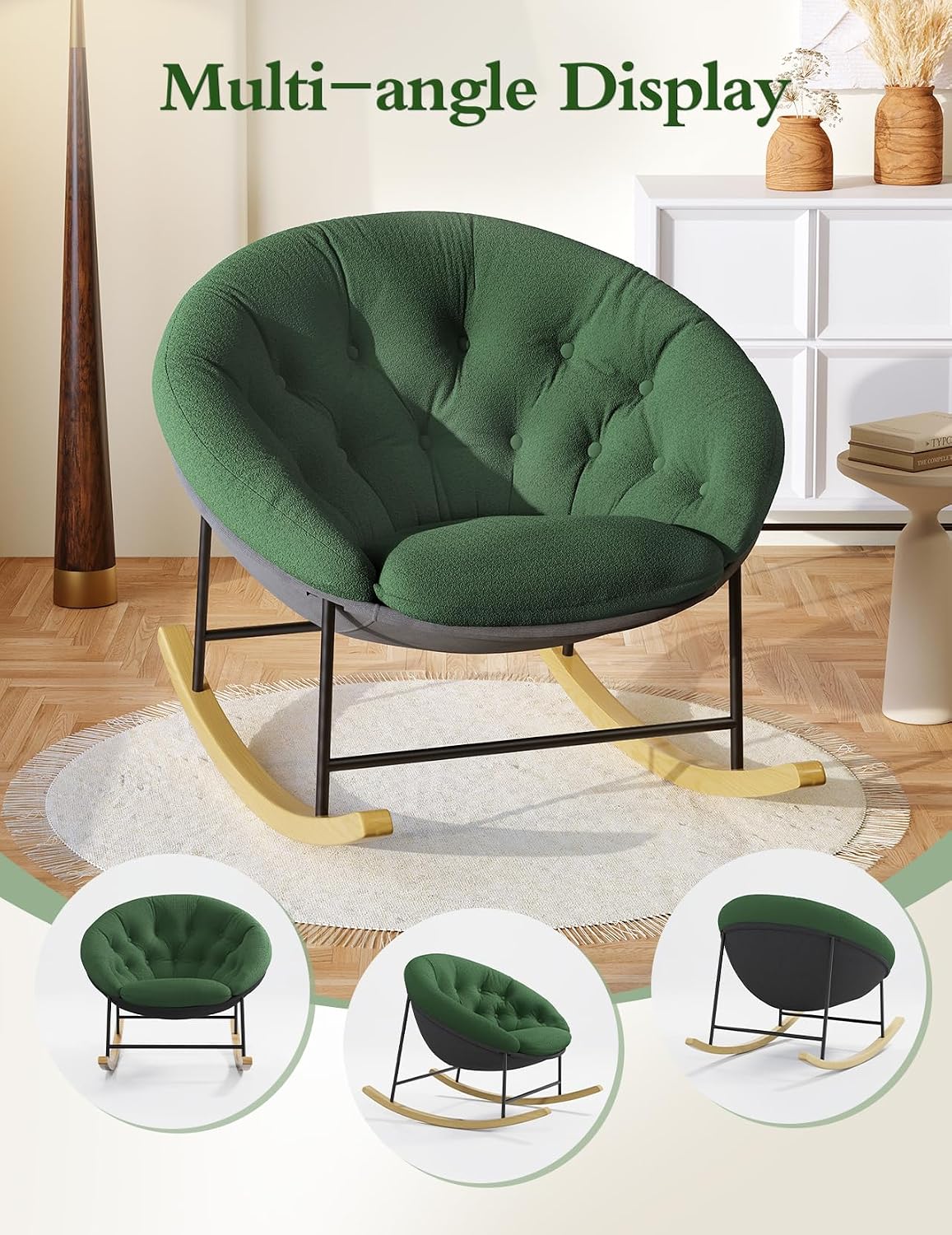 Kidirect Wide Rocking Chair Nursery, Comfy Saucer Nursery Rocking Chairs with Removable Cushion, Indoor Papasan Nursing Chair for Breastfeeding, Mecedora Para Adultos for Living Room & Bedroom (Green)