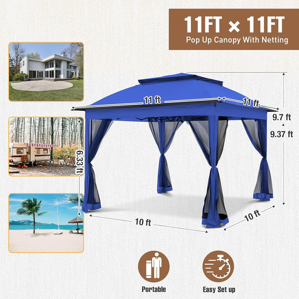 11x11 Pop Up Gazebo Tent with Mesh Netting, Instant Outdoor Canopy with UPF 50+ UV Protection, Water Resistant, Blue