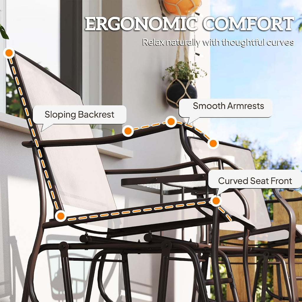 Outsunny Outdoor Glider Chairs with Coffee Table, Patio 2-Seat Rocking Chair Swing Loveseat with Breathable Sling for Backyard, Garden, and Porch, Beige