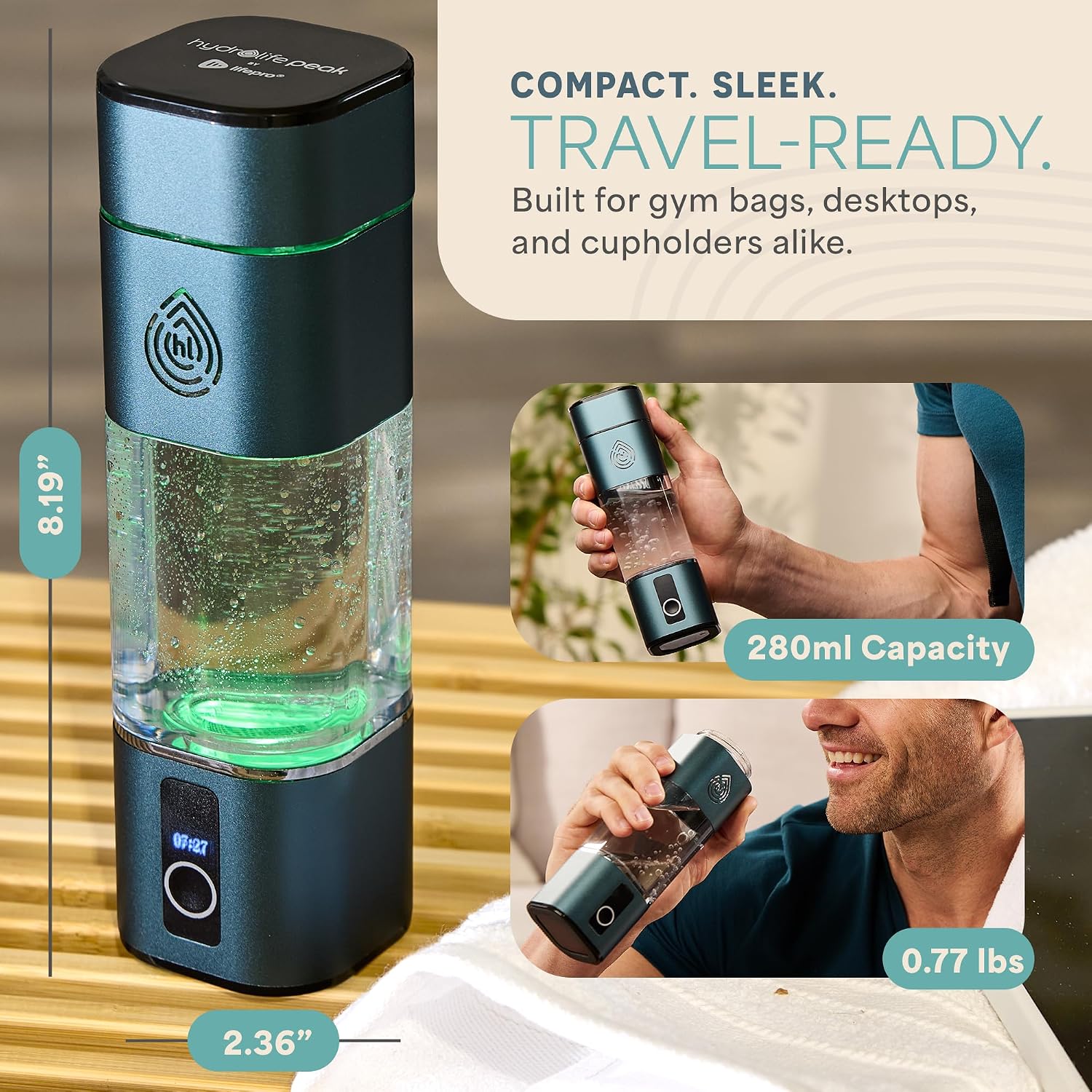 Lifepro Hydrogen Water Bottle Generator with SPE/PEM Technology – HydroLife Peak Portable Hydrogen-Boosting Water Machine Upto 8000ppb with OLED Display & USB-C Charging – 9.5oz, Polycarbonate Body