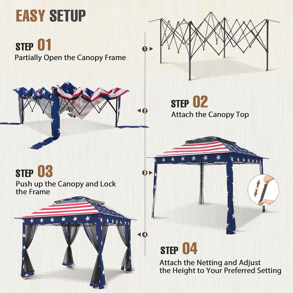 11x11 Pop Up Gazebo Tent with Mesh Netting, Instant Outdoor Canopy with UPF 50+ UV Protection, Water Resistant, American Flag