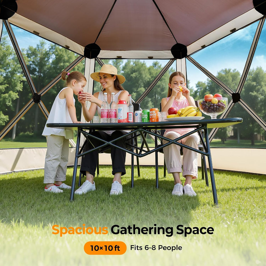 Tecoom 6 Side Pop Up Gazebo Tent, 10x10ft Waterproof Instant Screen with Mosquito Netting, Portable Outdoor Canopy with 4 Removable Wind Cloths, Sun Shelter for Camping, Garden and Picnics, Khaki