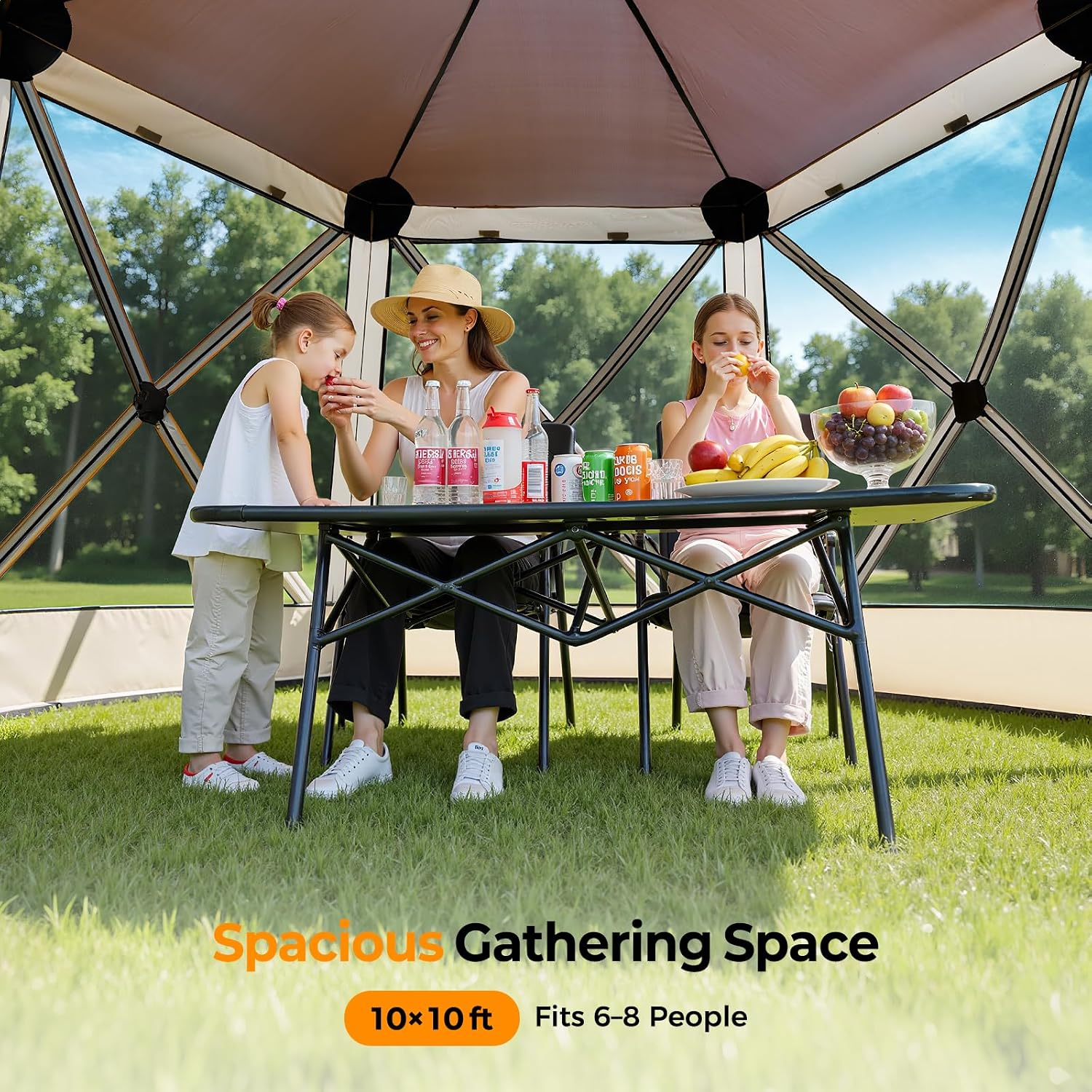 Tecoom 6 Side Pop Up Gazebo Tent, 10x10ft Waterproof Instant Screen with Mosquito Netting, Portable Outdoor Canopy with 4 Removable Wind Cloths, Sun Shelter for Camping, Garden and Picnics, Khaki