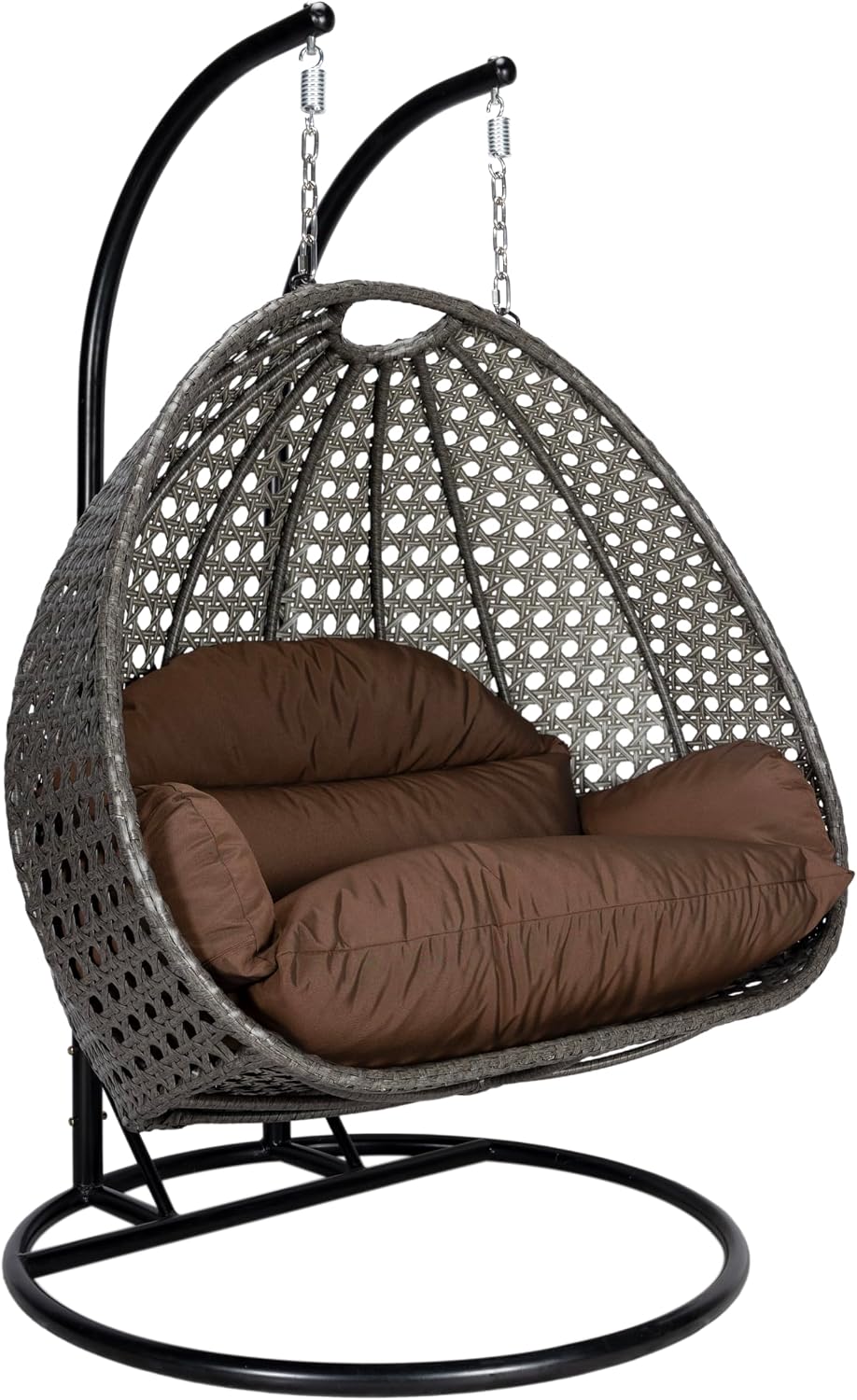 LeisureMod 2 Person Wicker Hanging Egg Chair with Stand & UV-Resistant Cushions for Indoor/Outdoor, Patio, Lounge, Hammock Seat, Brown