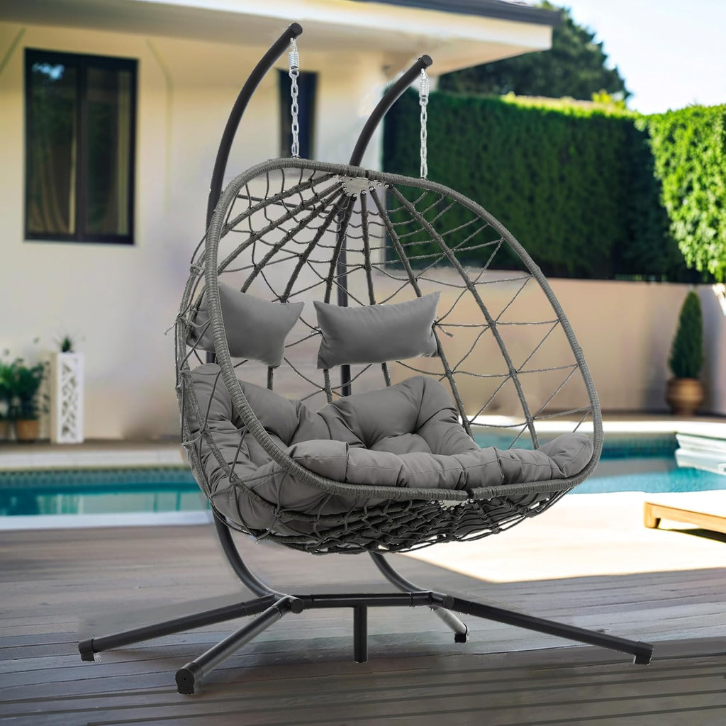 JOYBASE Double Swing Egg Chair with Stand, 2-Person Hanging Egg Chair Wicker Rattan Oversized Swinging Chair for Outdoor Indoor Garden Patio (Grey)