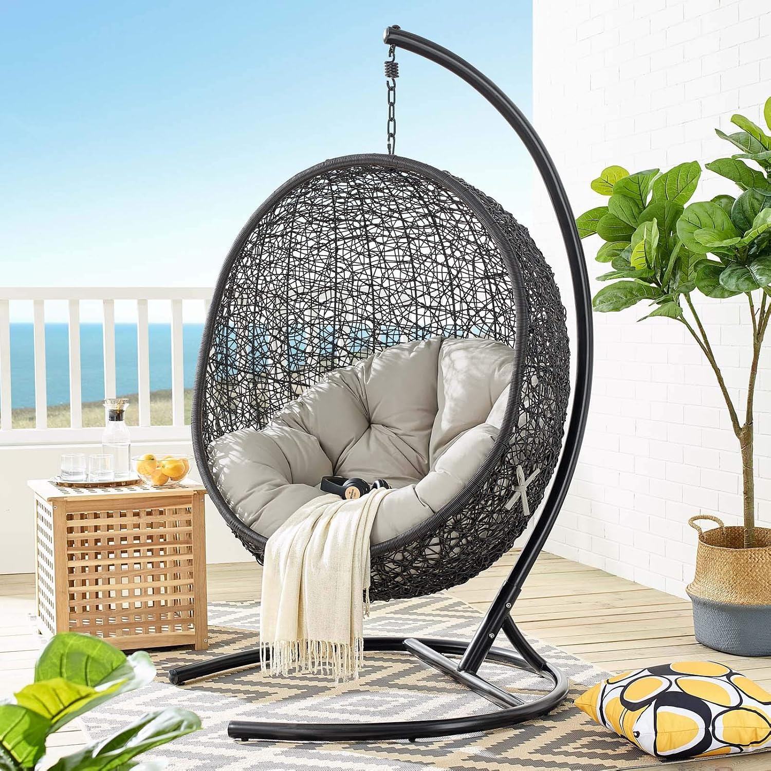 Modway EEI-739-BEI-SET Encase Swing Outdoor Patio Lounge Chair, With Stand, Beige